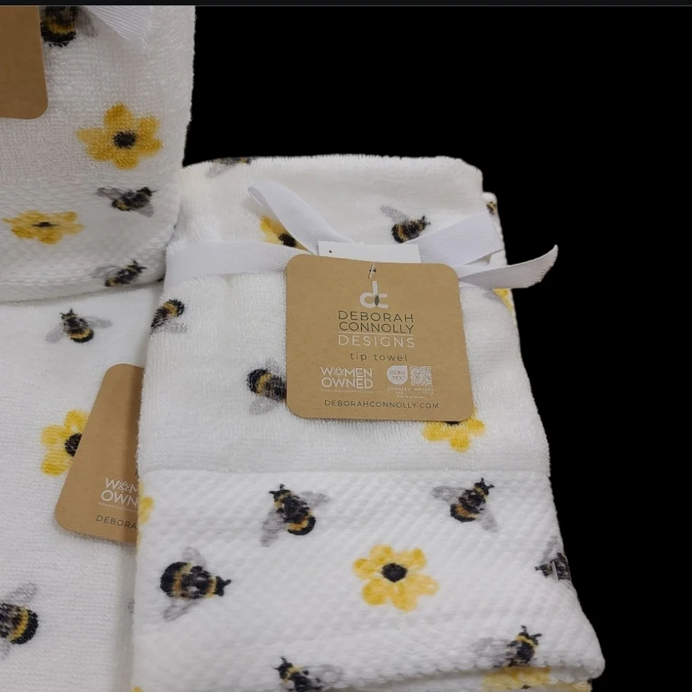 6pc Bath Hand Tip Towels Deborah Connolly Honey Bee Flowers Waffle Weave New